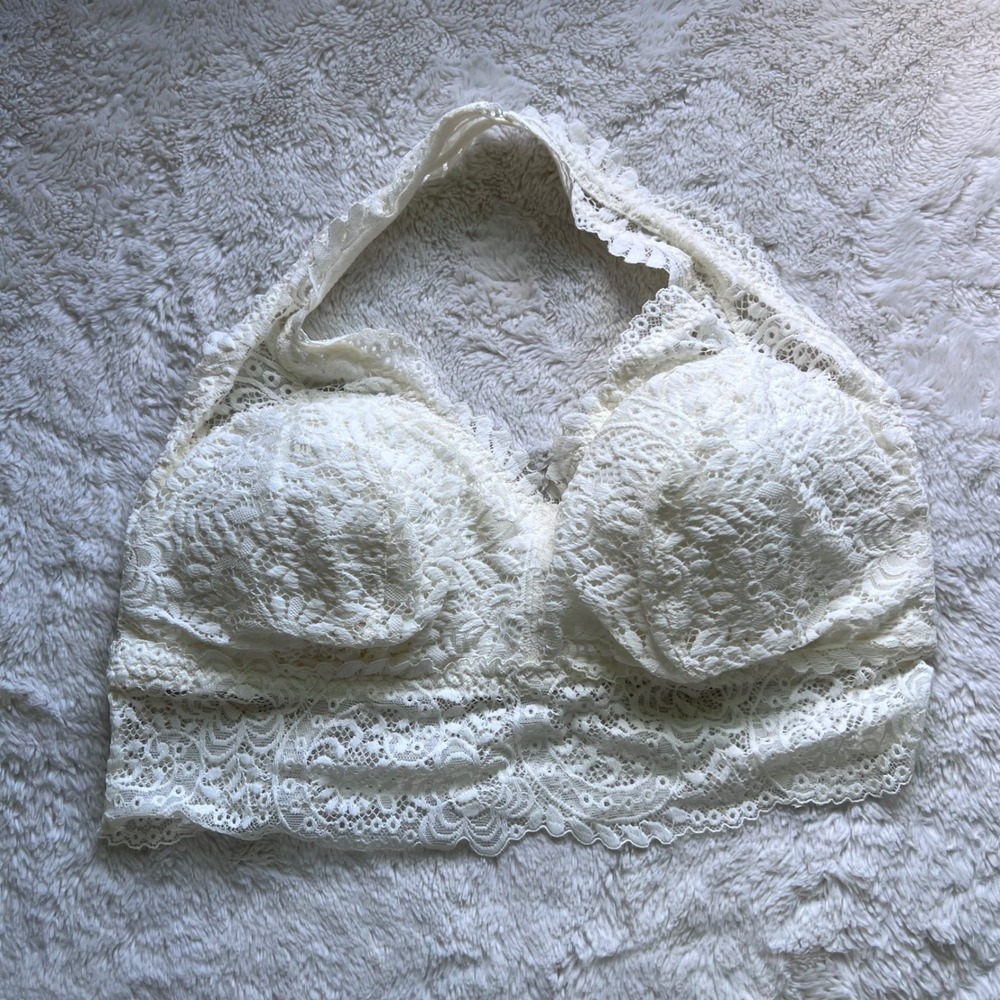 Aerie Womens XL Cream Floral Lace Halter Longline Bralette Padded 1698-3324-125